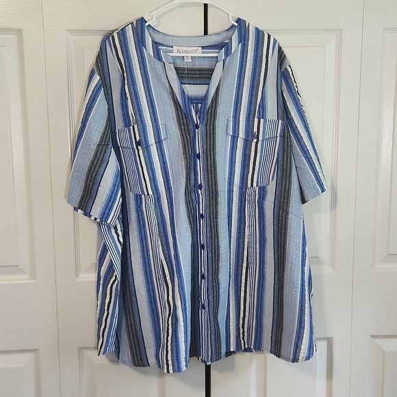 Roaman's Tops - Roaman's Womens Multi-colored Striped V-neck Button Top Size 30W NWOT Seersucker